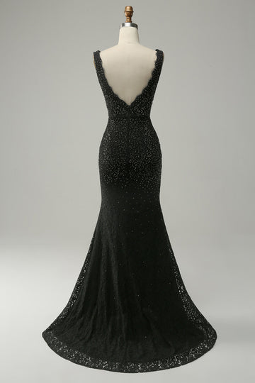 Mermaid Deep V Neck Black Lace Long Ball Dress with Beading